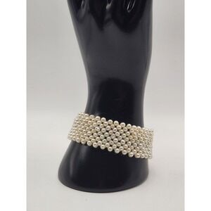 Vintage 5 Row Multi Strand Pearl Bracelet Gold Tone Silver Clasp Cuff 7.5in